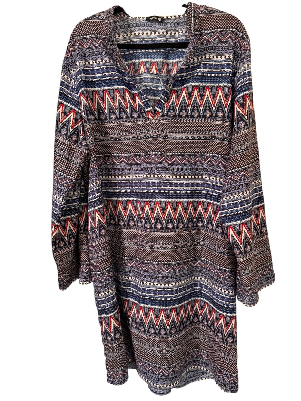 Indulge Boho Tribal Print Dress 3X Long Sleeve Tunic Shift Roll Tab Sleeve